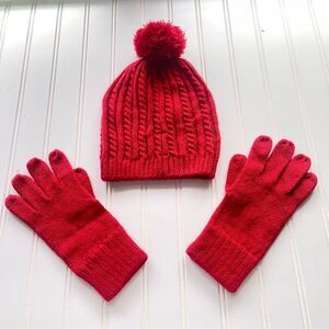 2-Piece Pom-pom Red Cable Knit Hat and Gloves.